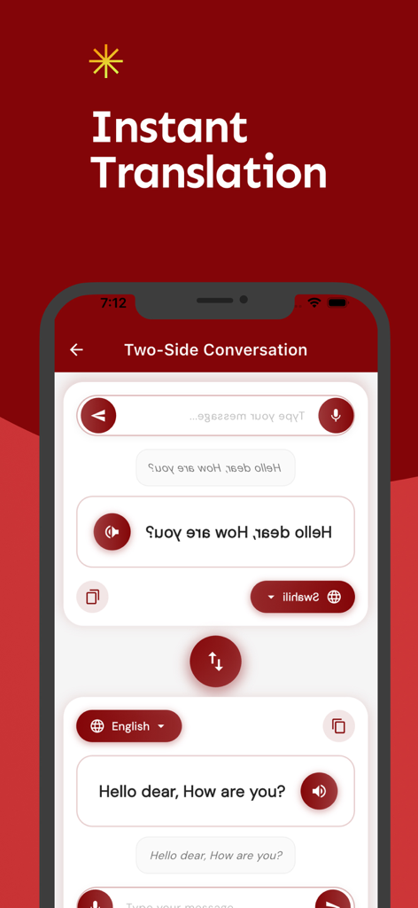Interfaz de la aplicación móvil que muestra una traducción de conversación instantánea bidireccional entre inglés y suajili