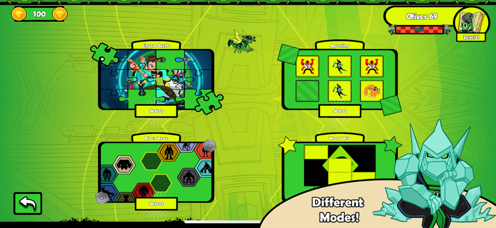 Ben Alien 10 Trivia - Ben Alien 10 Trivia menu showing various puzzle and matching game modes