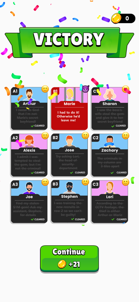 Clue Master - Logic Puzzles - Victory screen of Clue Master game showing a solved logic puzzle grid where a criminal named Marie has been identified among a group of suspects.