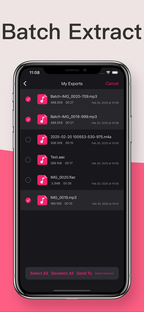 Audio Extractor: Vid2Audio - Pantalla de extracción por lotes de la aplicación Vid2Audio que muestra múltiples archivos de audio seleccionados para exportar.