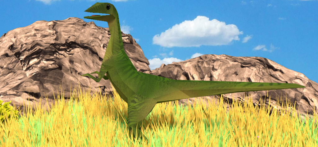 Dino Park Truck Simulator 2019 - Un dinosaurio verde de baja poligonización parado en un campo de hierba con montañas bajo un cielo azul