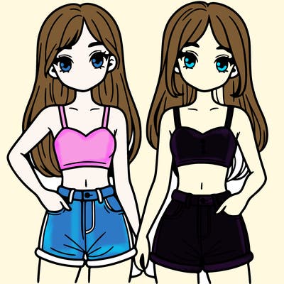 two sisters with crop tops and jean shorts and straight hair