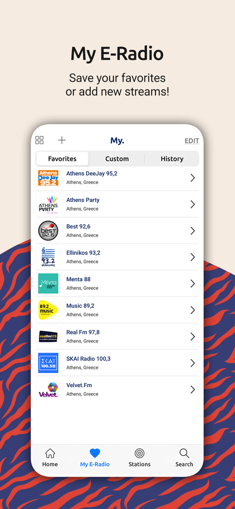 A list of favorite Greek radio stations in the My E-Radio section of the app.
