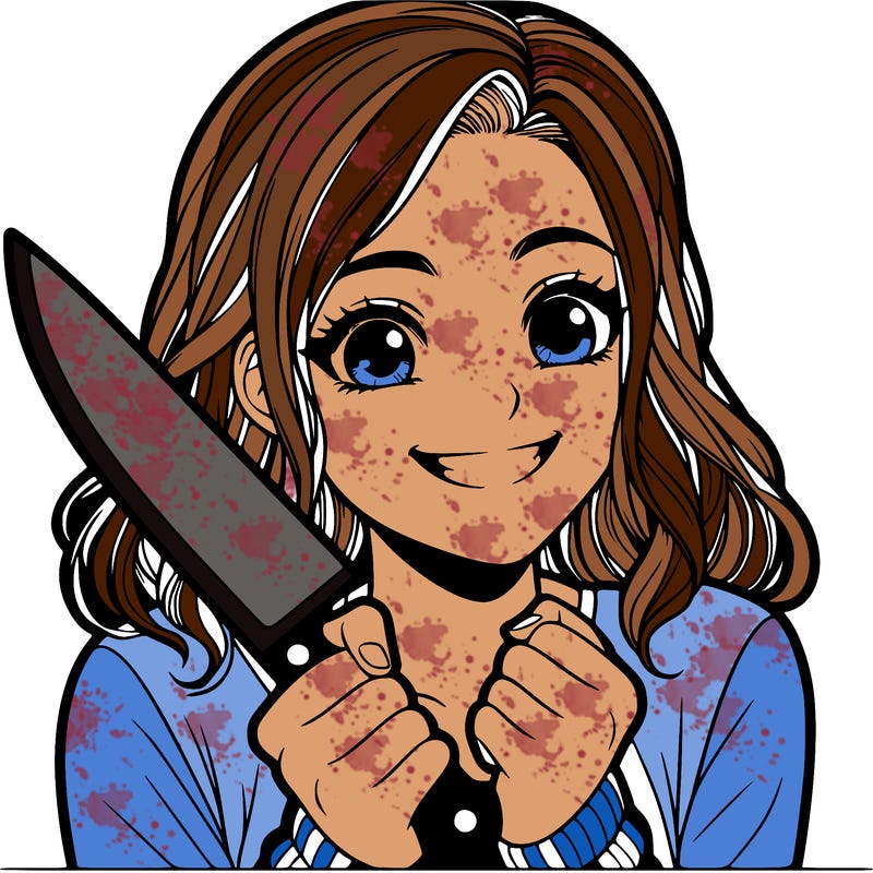 a realistic girl holding a knife and grinning