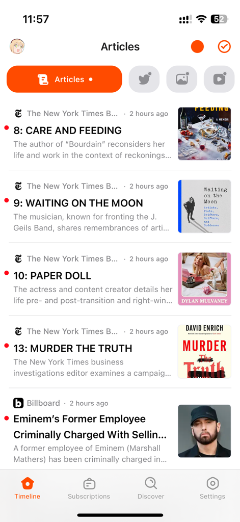 Folo app interface showing a news timeline with articles from various sources