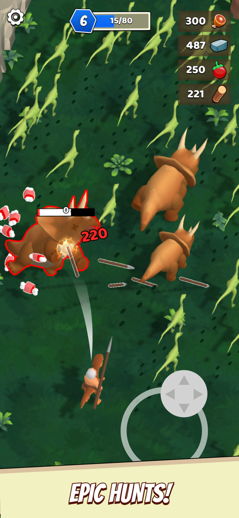 Dino King - Jurassic Hunt - Gameplay screenshot of Dino King Jurassic Hunt showing a character hunting a Triceratops with a spear