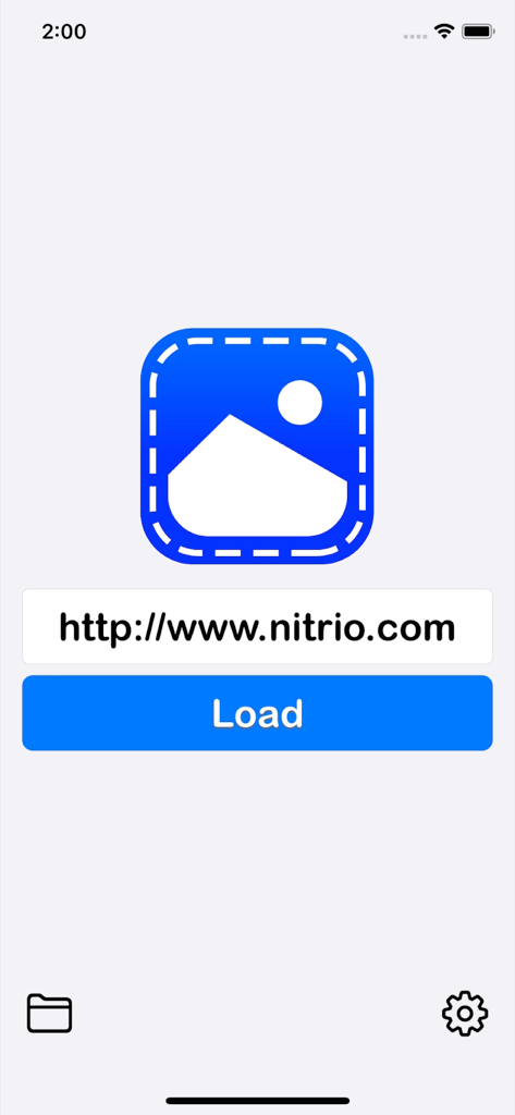 Home screen of the Images Crawler app with a URL input field and a blue Load button.