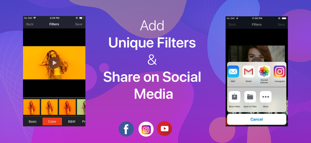 Slideshow with Music Maker App - Interface de l'application Slideshow with Music Maker montrant les options de filtres vidéo et le menu de partage sur les réseaux sociaux