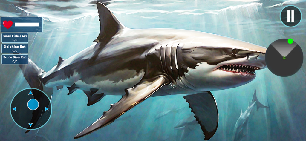 Angry Shark Hunt: Shark Games - Gameplay screenshot of a white shark swimming underwater with game controls in Angry Shark Hunt
