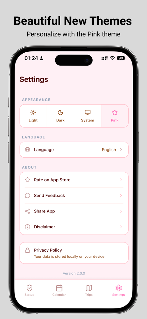 Schengen 90: Visa Calculator - Pantalla de configuración de la aplicación Schengen 90 Visa Calculator mostrando el tema rosa personalizado y la política de privacidad