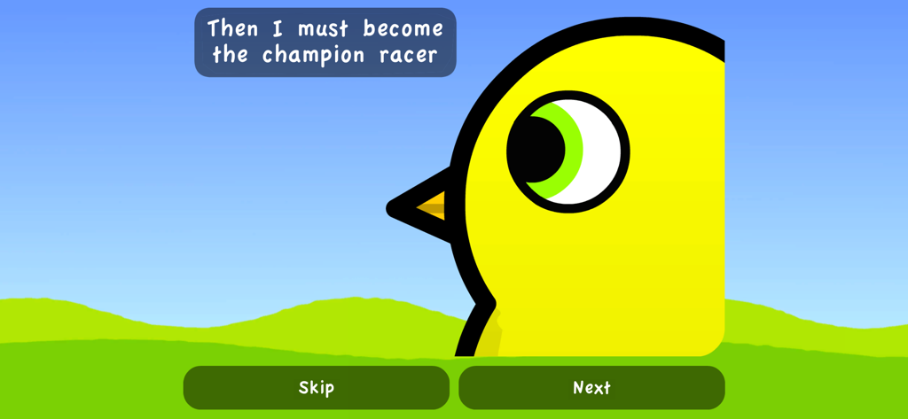 A yellow duck character in Duck Life 2 with a speech bubble saying Then I must become the champion racer