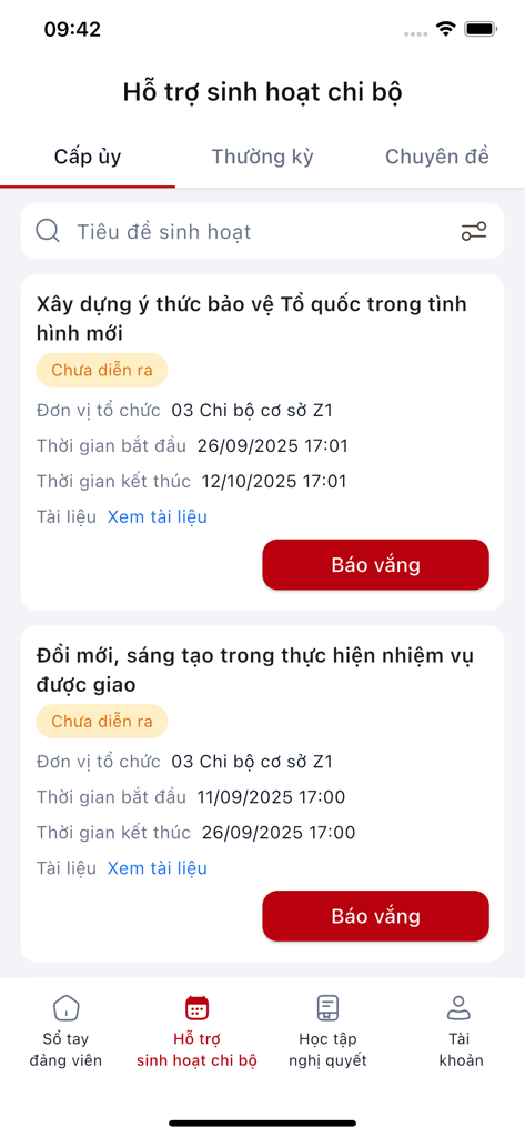 Ein Bildschirm aus der iCPV-Book-App, der eine Liste bevorstehender Parteizellenbesprechungen mit Details zu Zeit und organisierenden Einheiten anzeigt.