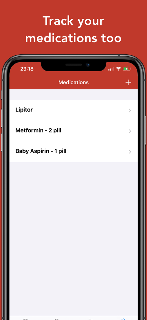 Interface of the Blood Pressure Tracker app showing a list of tracked medications including Lipitor and Metformin