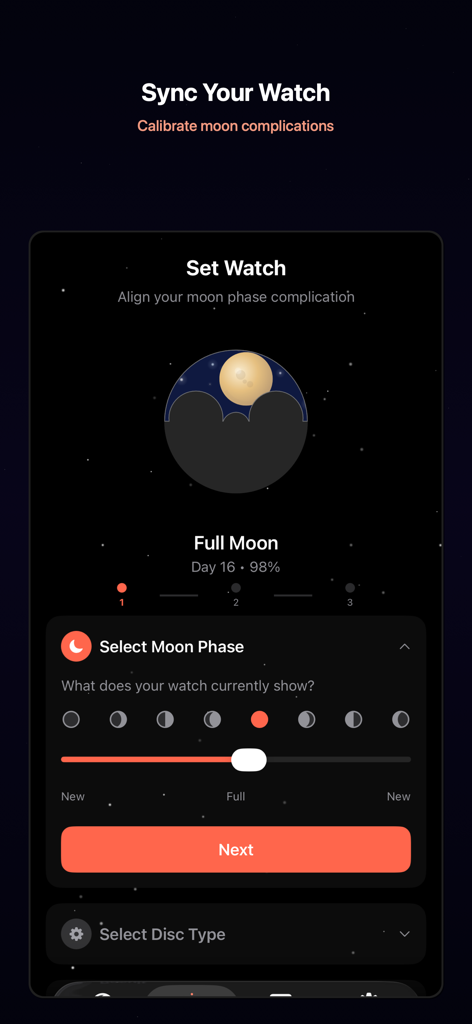 시계의 달 위상 합계를 보정하기 위한 Moon Phase Keeper 앱 화면