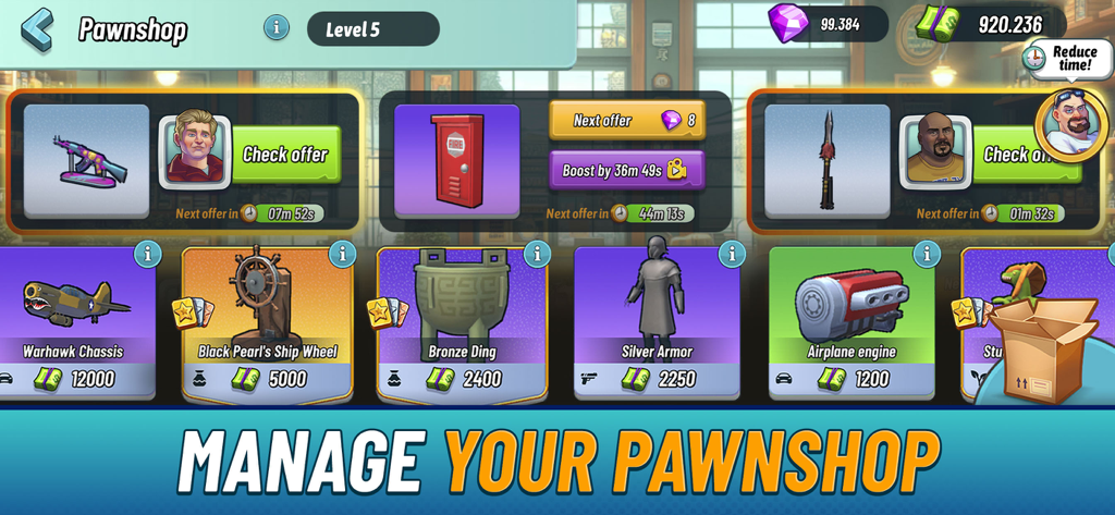 Bid Wars: Auction Master 3D - Pawn shop management interface in Bid Wars showing various collectible items for sale