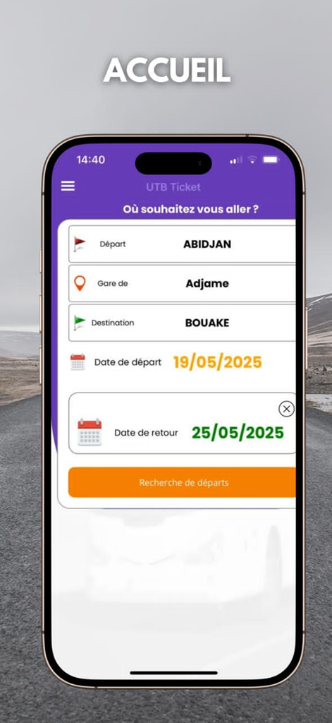 UTB Ticket - UTB Ticket mobile app home screen with bus route search from Abidjan to Bouake