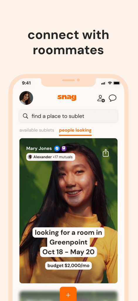 snag sublets - Snag sublets app interface showing a profile of a person looking for a room in Greenpoint
