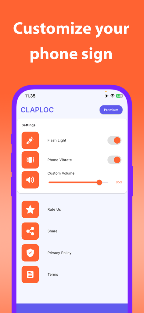 Settings screen of the ClapLoc app showing toggle options for flashlight and vibration and a volume slider to customize phone finding alerts.