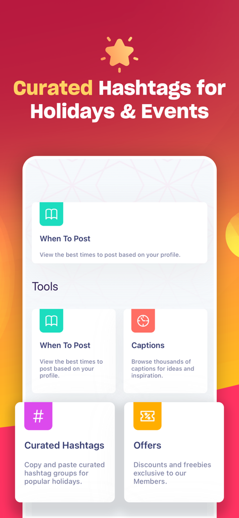 Hashtag Expert: AI Captions - Interface de l'application Hashtag Expert affichant des hashtags sélectionnés pour les fêtes et des outils de gestion des réseaux sociaux.
