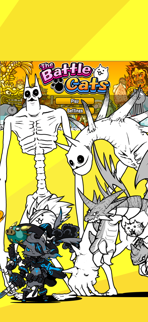 The Battle Cats - Der Titelbildschirm des Spiels The Battle Cats mit verschiedenen seltsamen und großen Katzenfiguren auf gelbem Hintergrund