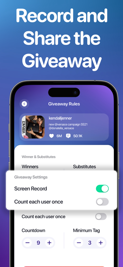 Giveaway Picker by Instaprize - Giveaway Picker app screen for recording and sharing giveaway results