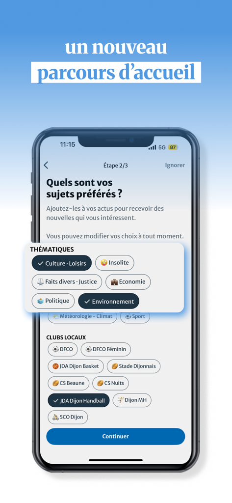 Le Bien Public - Côte d'Or - Écran de personnalisation dans l'application Le Bien Public où les utilisateurs sélectionnent des sujets d'actualité et des clubs sportifs locaux de Bourgogne.