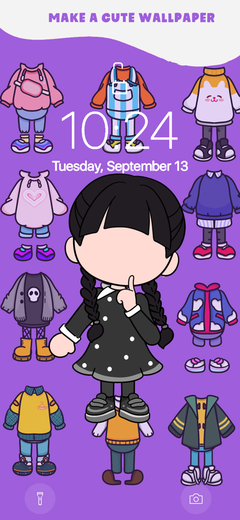iPhone lock screen showing a Toca Boca style character surrounded by various cute cartoon outfits on a purple background
