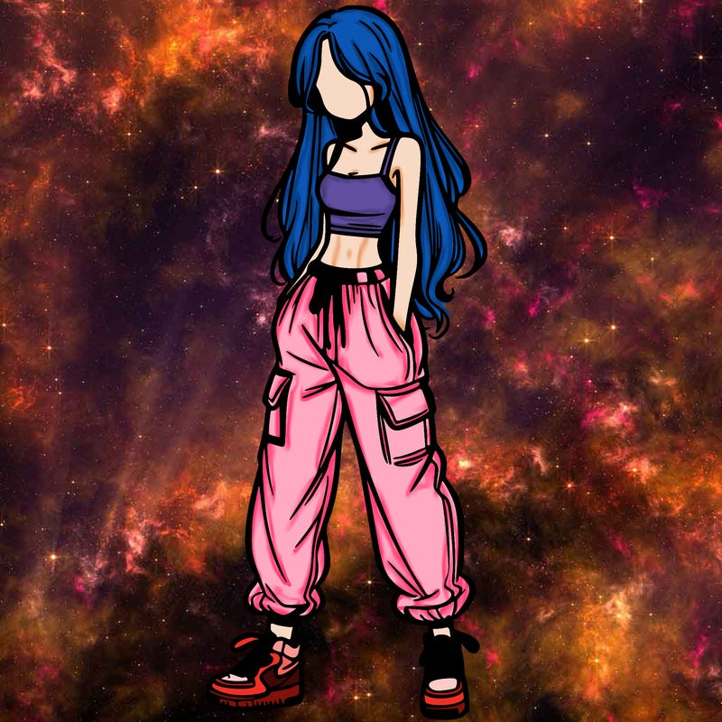 girl in baggy pants crop top and long hair