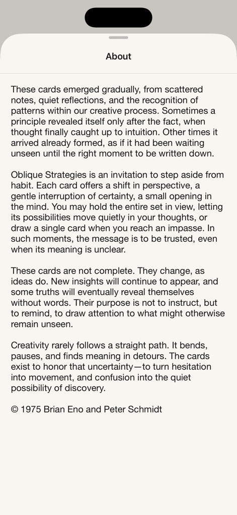 The About screen of the Oblique Strategies SE app explaining the creative philosophy and history of the deck by Brian Eno and Peter Schmidt