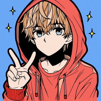 teenage manga boy in a hoodie, doing ✌