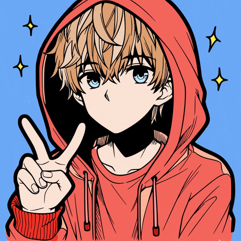 teenage manga boy in a hoodie, doing ✌