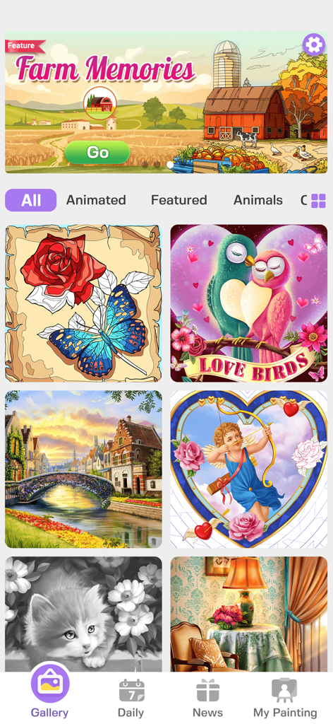 蝶や風景のようなさまざまな数による色塗りのテンプレートを示すTap Color Proアプリのギャラリービュー
