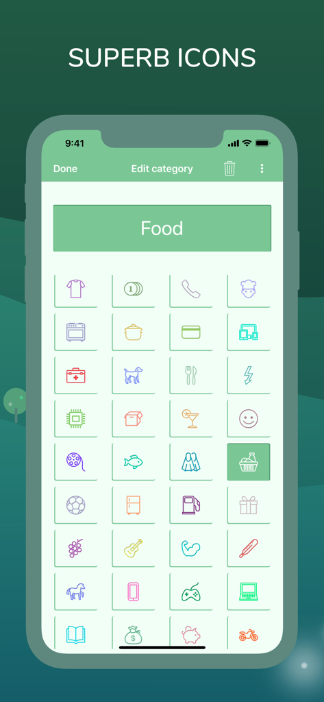 Monefy Mobile App-Bildschirm, der ein Raster mit farbenfrohen Kategoriensymbolen für die manuelle Ausgabenverfolgung anzeigt.