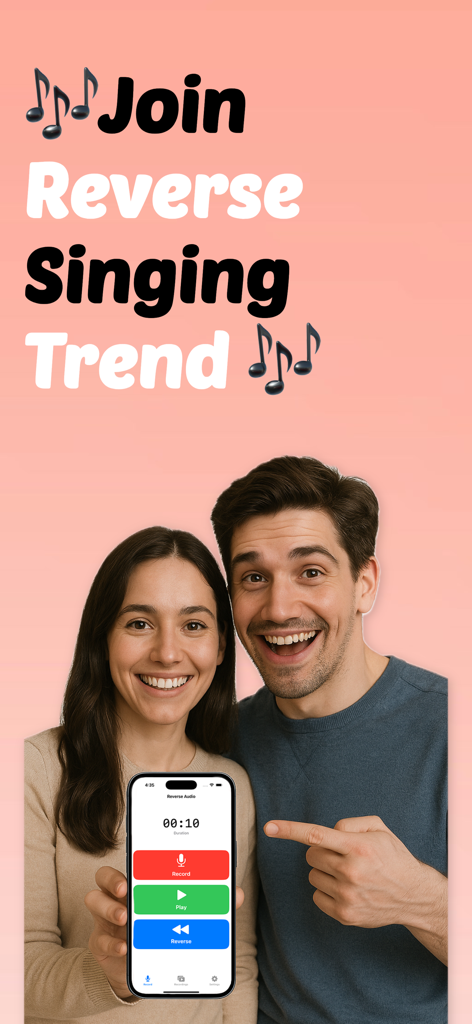 Reverse Audio - Sing & Record - A man and woman smiling and showing the Reverse Audio app interface on a phone screen