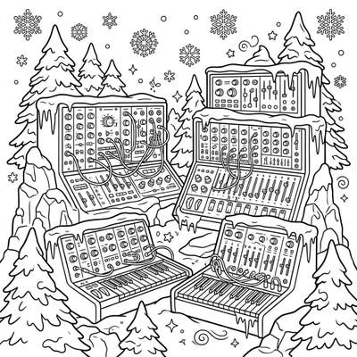 Dive into a unique blend of music technology and winter magic with this engaging coloring page. Perfect for music lovers and winter enthusiasts, this design invites you to bring a snowy synth setup to life with your favorite colors.