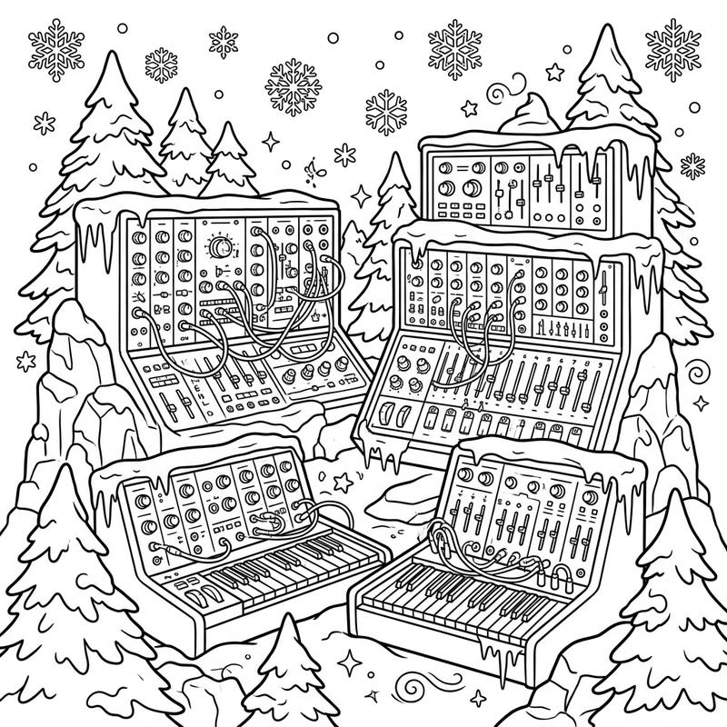 Dive into a unique blend of music technology and winter magic with this engaging coloring page. Perfect for music lovers and winter enthusiasts, this design invites you to bring a snowy synth setup to life with your favorite colors.