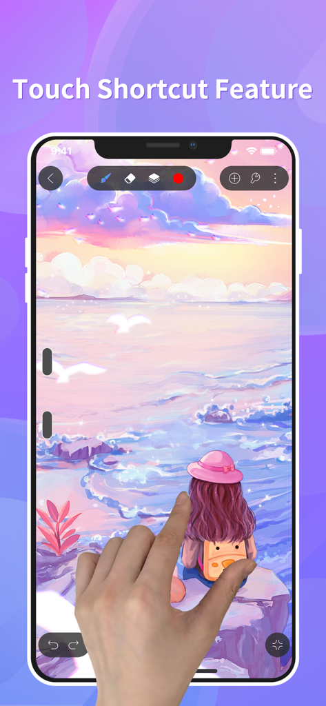 Una mano demostrando la función de atajo táctil en la aplicación de arte digital HiPaint en un smartphone.