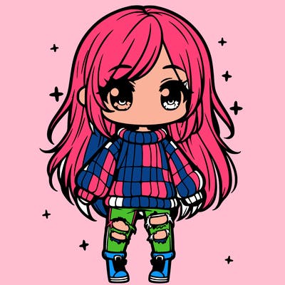 chibi girl with ripped jeans,long hair, and an oversized sweater
