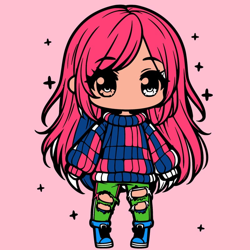 chibi girl with ripped jeans,long hair, and an oversized sweater