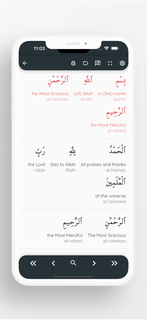 Read & Listen Qur'an - Mobile app interface showing Quran verses with word-by-word English translation and phonetic pronunciation
