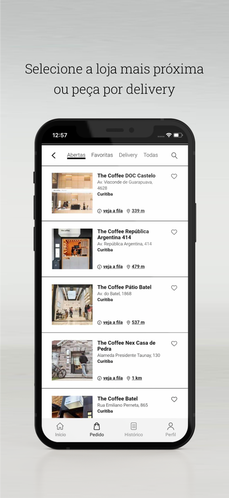 The Coffee - The Coffee app interface showing a list of nearby store locations with photos and distance information in a minimalist design.