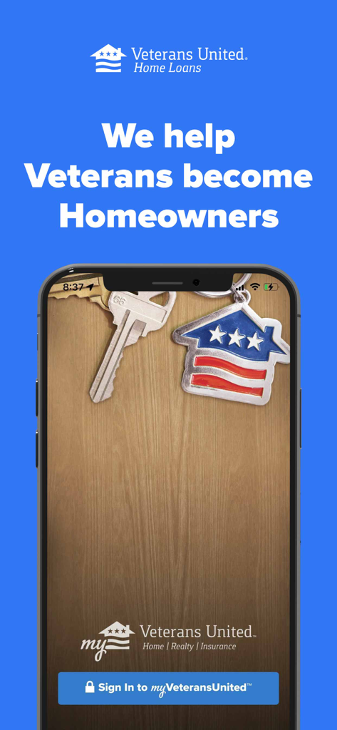 MyVeteransUnited app login screen showing house keys and an American flag keychain