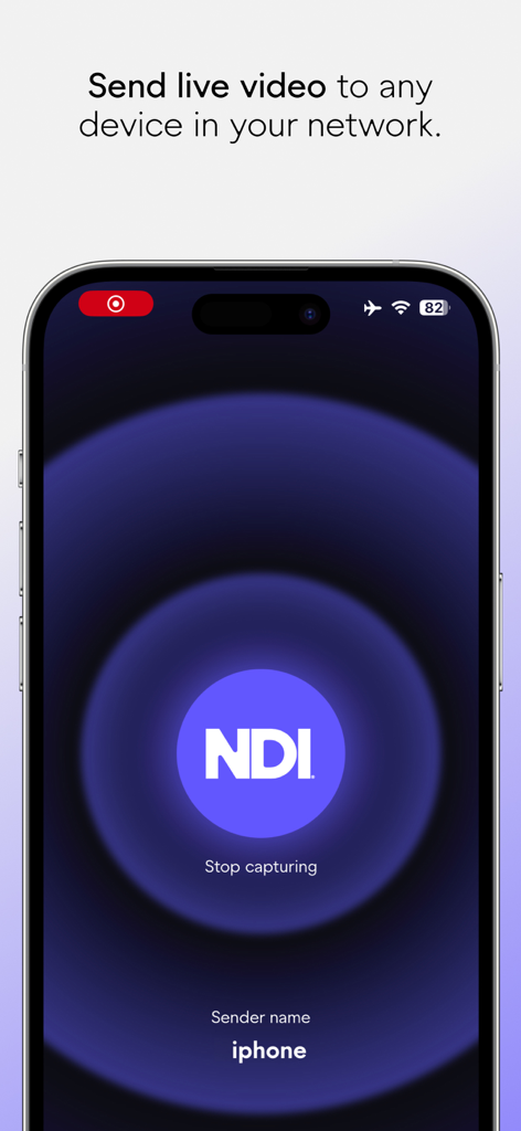 NDI Capture: Screen Sharing - NDI Capture app on an iPhone showing the screen sharing interface with the NDI logo and a message to send live video to any device in the network.