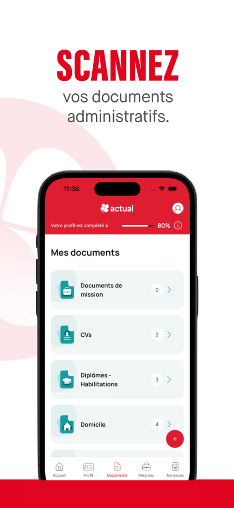 Schermata mobile dell'app my actual che mostra categorie di documenti come CV e diplomi che i candidati possono scansionare e gestire