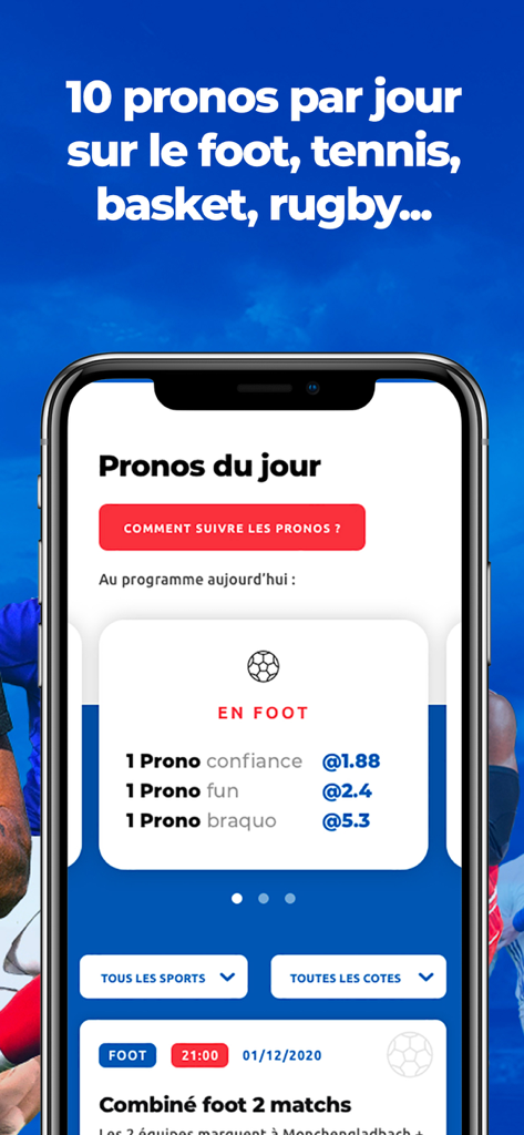 France Pronos - Smartphone screen displaying France Pronos app daily soccer betting predictions and odds