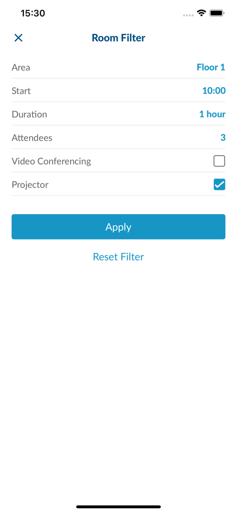 Interface de filtrage des salles montrant les options pour l'étage, l'heure, les participants et la sélection des équipements.