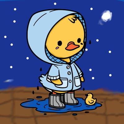 baby duck in a rain coat and boots, in a puddle while it’s raining