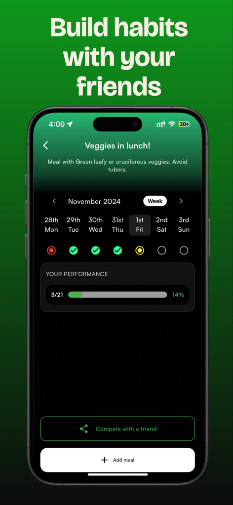 Snacc - Build Healthy Habits - Interface of the Snacc app showing a vegetable intake habit tracker with a progress bar and social competition button.