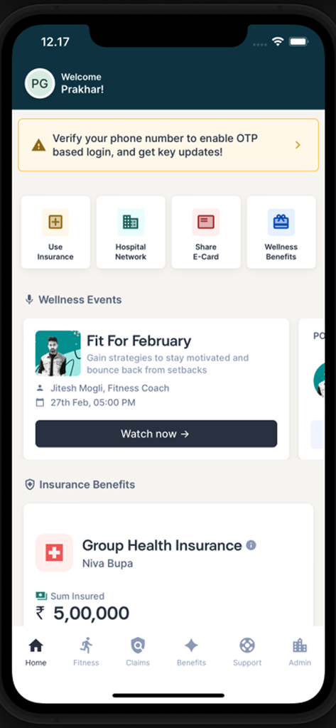 Nova Benefits app home screen showing health insurance details and wellness event options.