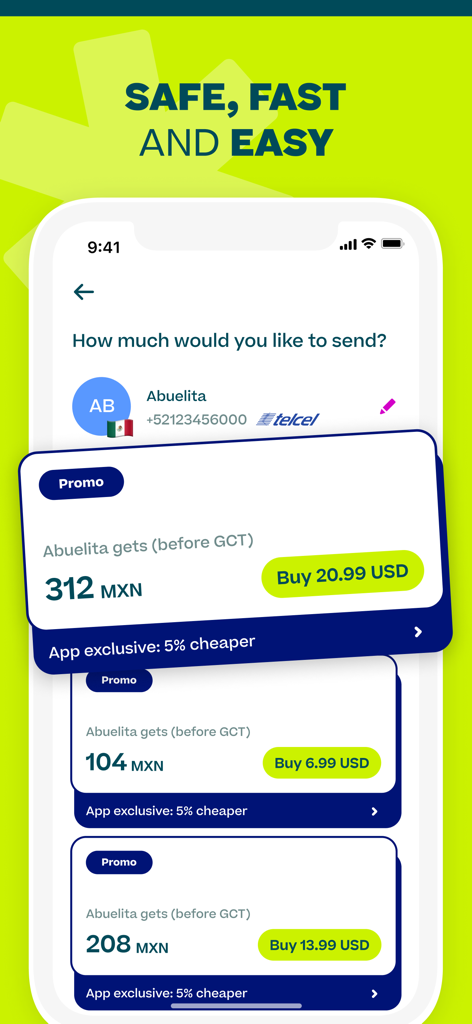 Ding Top-up: Mobile Recharge - Ding-App-Bildschirm zum Versenden internationaler mobiler Aufladungen nach Mexiko mit exklusiven Rabatten